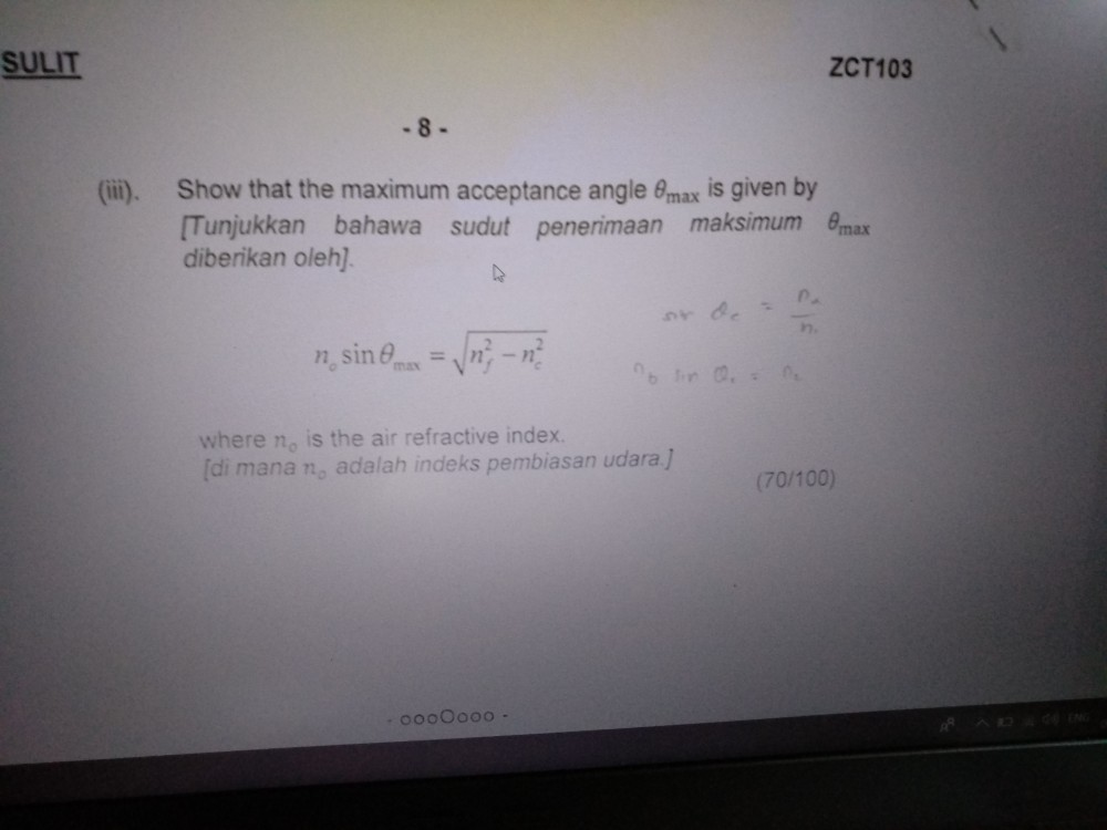 B An Optical Fibre Consists Of An Inner Material The Core With Refractive Index N And An Outer Material Of Lower R 2