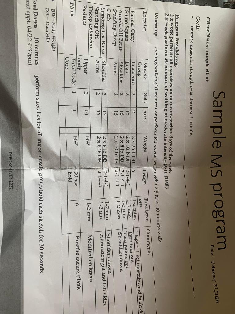 Sample Ms Program Date February 27 2020 Client Name Sample Client Goals Increase Muscular Strength Over The Next 4 Mo 1