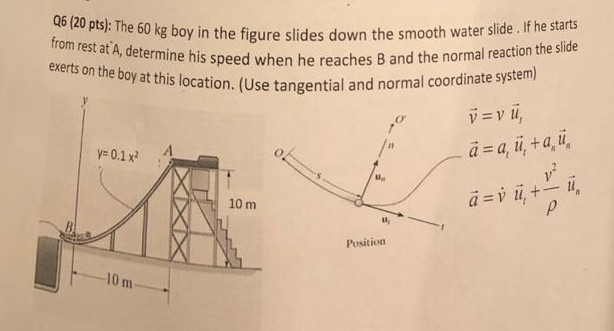 Q6 20 Pts The 60 Kg Boy In The Figure Slides Down The Smooth From Rest At A Determine His Speed When Exerts On The B 1