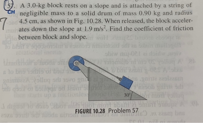 A 3 0 Kg Block Rests On A Slope And Is Attached By A String Of Negligible Mass To A Solid Drum Of Mass 0 90 Kg And Radiu 1