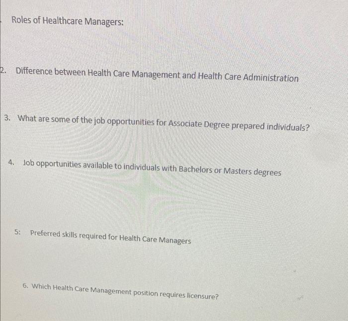 Roles Of Healthcare Managers 2 Difference Between Health Care Management And Health Care Administration 3 What Are So 1