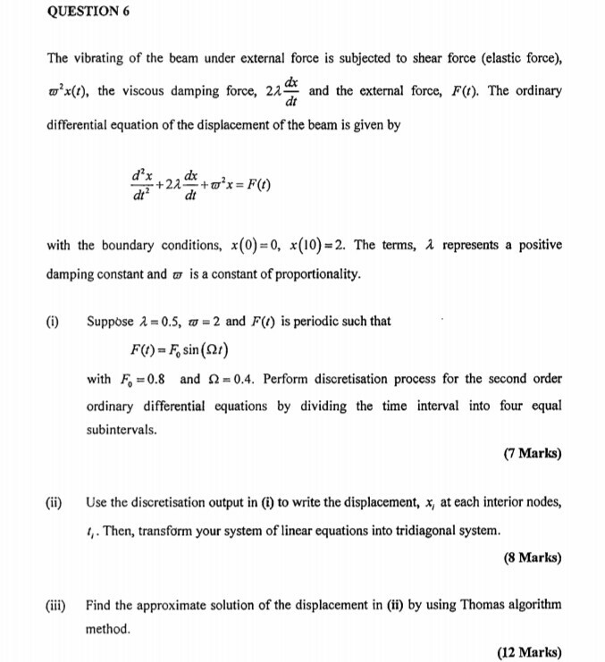 Question 6 The Vibrating Of The Beam Under External Force Is Subjected To Shear Force Elastic Force O Xt The Viscou 1