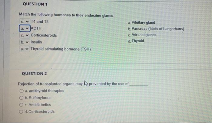 Question 1 Match The Following Hormones To Their Endocrine Glands D T4 And T3 A Acth C Corticosteroids B Insulin A 1