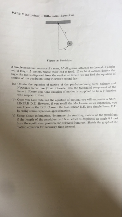 Ait 2 50 Points Differential Equatic Figure 2 Pendulum A Simple Pendulum Pe Pendulum Consists Of A M Kilograms Attac 1