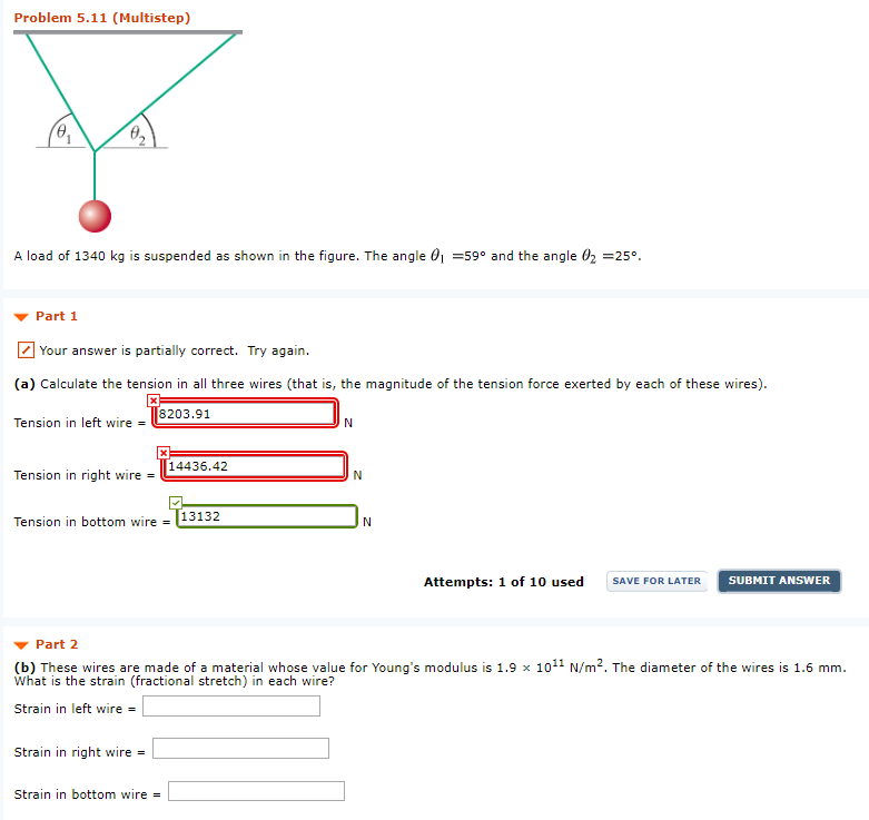 Problem 5 11 Multistep A Load Of 1340 Kg Is Suspended As Shown In The Figure The Angle 0 59 And The Angle 02 25 P 1