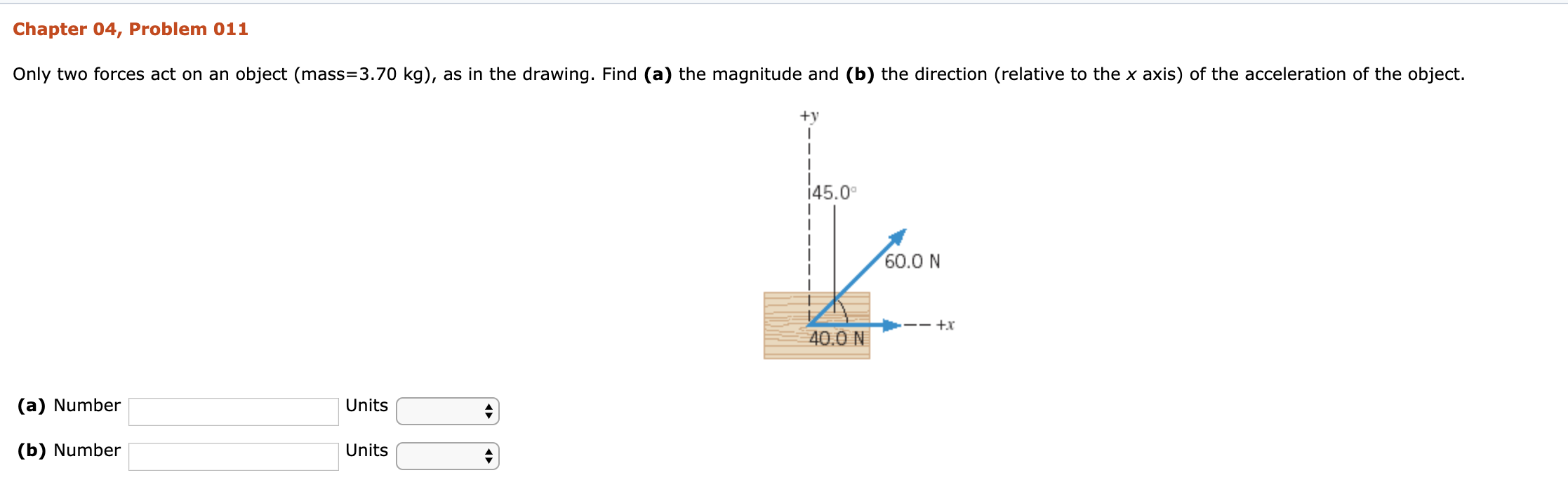 Chapter 04 Problem 011 Only Two Forces Act On An Object Mass 3 70 Kg As In The Drawing Find A The Magnitude And 1