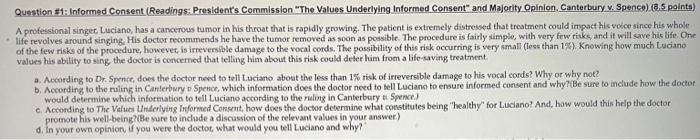 Question 1 Informed Consent Readings President S Commission The Values Underlying Informed Consent And Majority Op 1