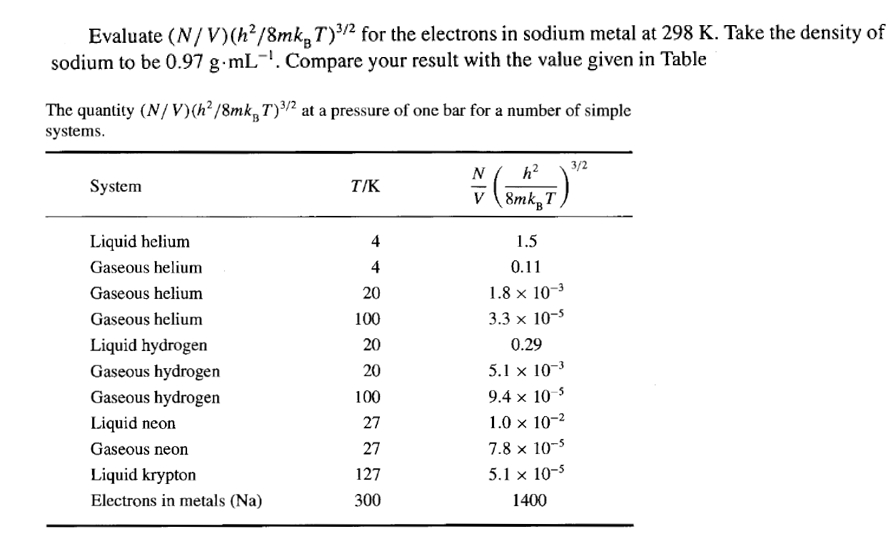Evaluate N V H 8mk T 2 For The Electrons In Sodium Metal At 298 K Take The Density Of Sodium To Be 0 97 G Ml Comp 1