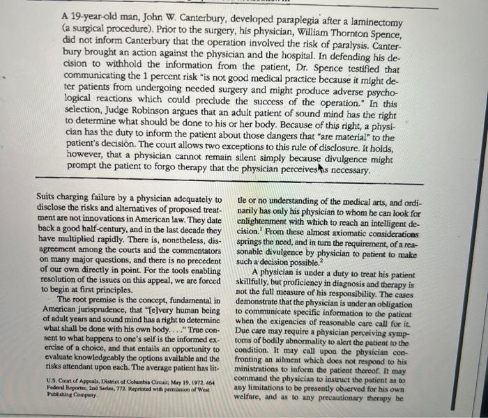 Question 1 Informed Consent Readings President S Commission The Values Underlying Informed Consent And Majority Op 4