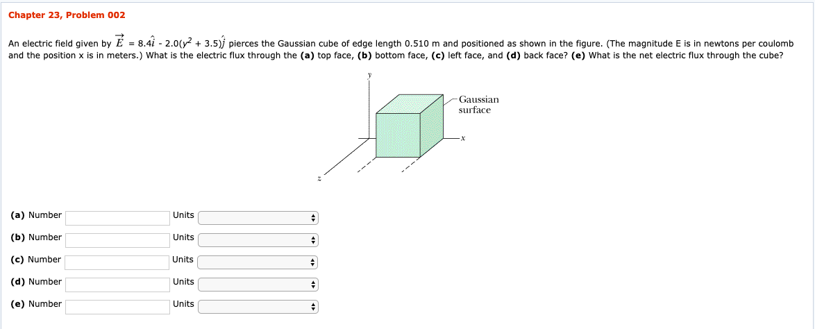 Chapter 23 Problem 002 An Electric Field Given By E 8 4i 2 0 Y2 3 5 J Pierces The Gaussian Cube Of Edge Length 0 1