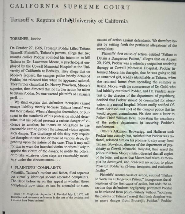 California Supreme Court Tarasoff V Regents Of Thuniversity Of California Tobriner Justice Causes Of Action Against De 1