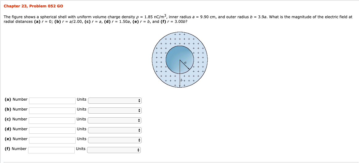 Chapter 23 Problem 052 Go The Figure Shows A Spherical Shell With Uniform Volume Charge Density P 1 85 Nc M Inner Ra 1