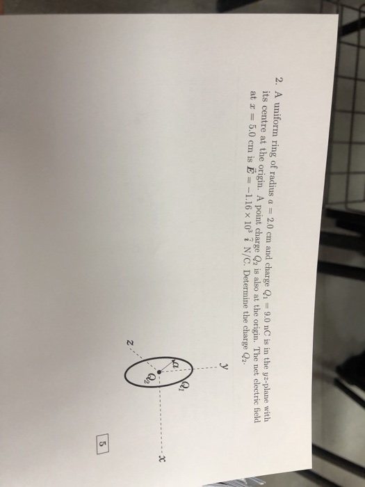 2 A Uniform Ring Of Radius A 2 0 Cm And Charge Q 9 0 Nc Is In The Yz Plane With Its Centre At The Origin A Point C 1