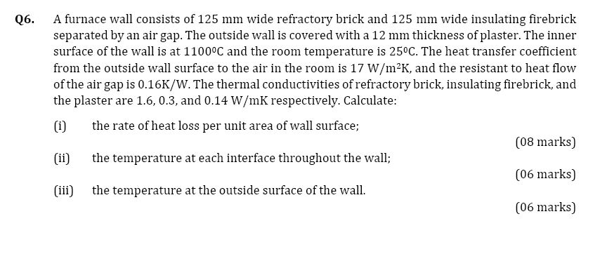 Q6 A Furnace Wall Consists Of 125 Mm Wide Refractory Brick And 125 Mm Wide Insulating Firebrick Separated By An Air Gap 1