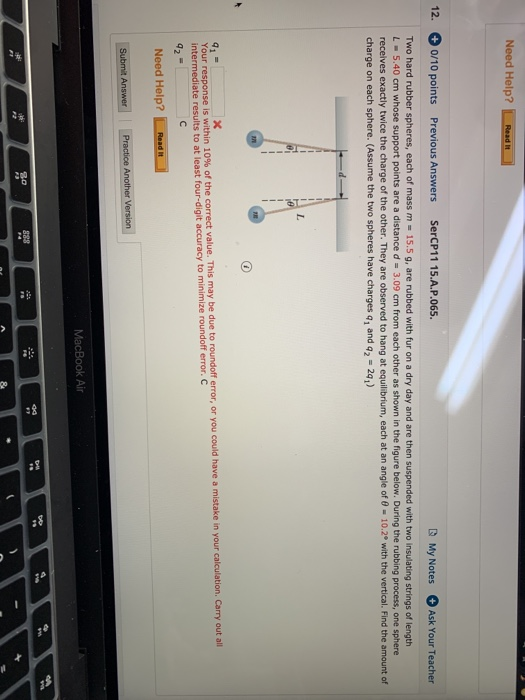 Need Help Read It 12 0 10 Points Previous Answers Sercp11 15 A P 065 My Notes Ask Your Teacher Two Hard Rubber Sphere 1