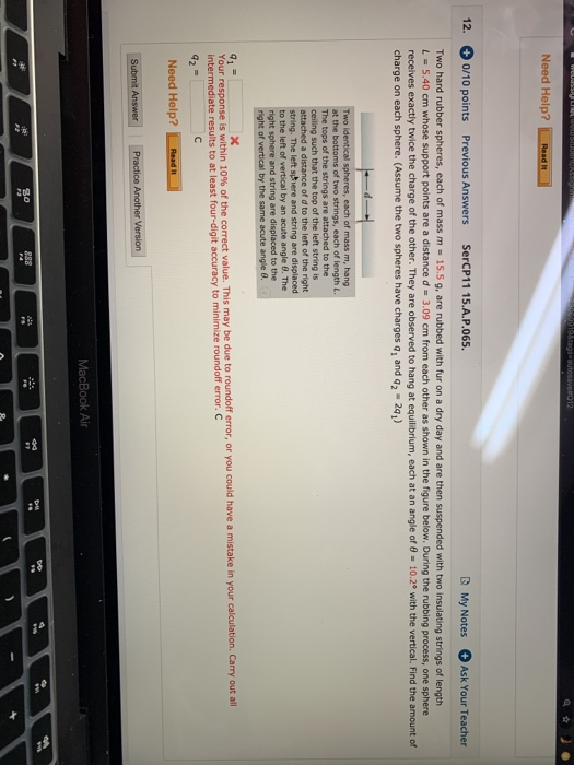 Need Help Read It 12 0 10 Points Previous Answers Sercp11 15 A P 065 My Notes Ask Your Teacher Two Hard Rubber Sphere 2