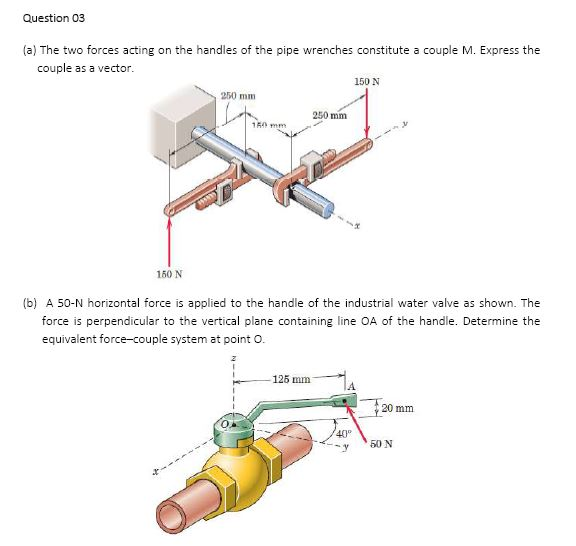 Question 03 A The Two Forces Acting On The Handles Of The Pipe Wrenches Constitute A Couple M Express The Couple As A 1