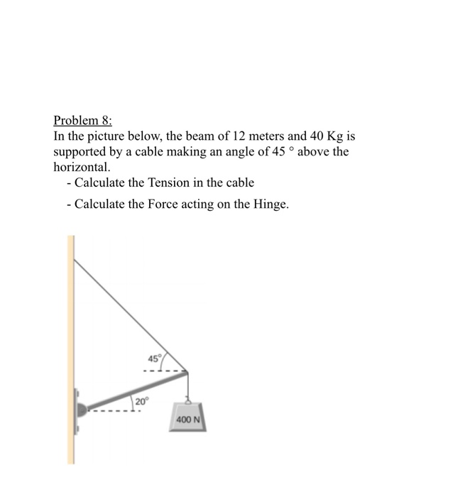 Problem 8 In The Picture Below The Beam Of 12 Meters And 40 Kg Is Supported By A Cable Making An Angle Of 45 Above T 1