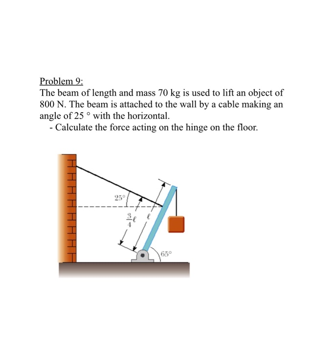 Problem 9 The Beam Of Length And Mass 70 Kg Is Used To Lift An Object Of 800 N The Beam Is Attached To The Wall By A C 1