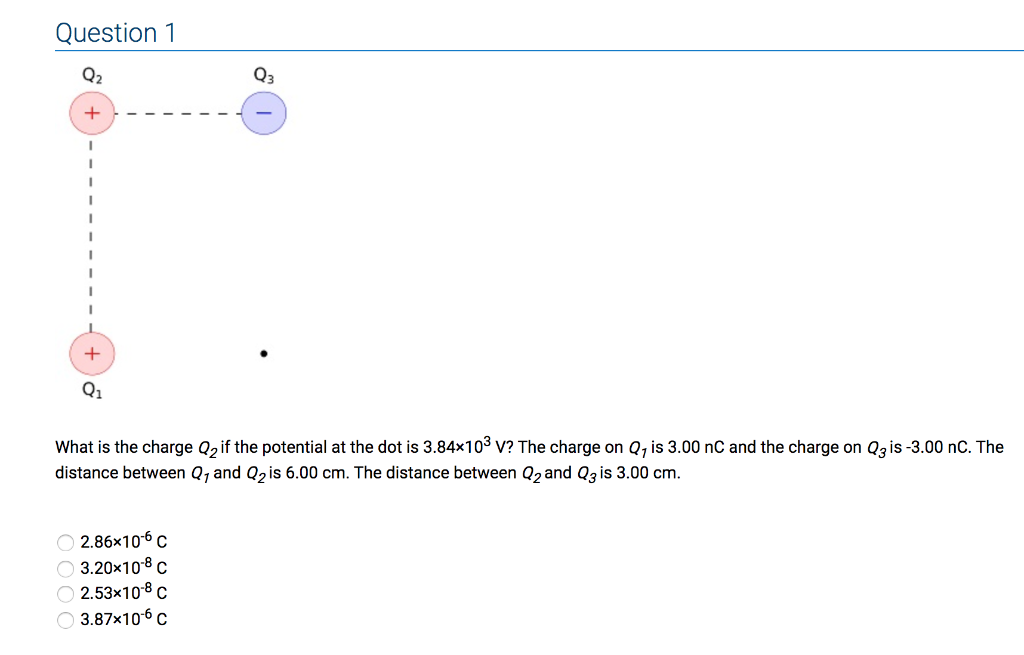 Question 1 Q2 What Is The Charge Q If The Potential At The Dot Is 3 84x103 V The Charge On Q Is 3 00 1