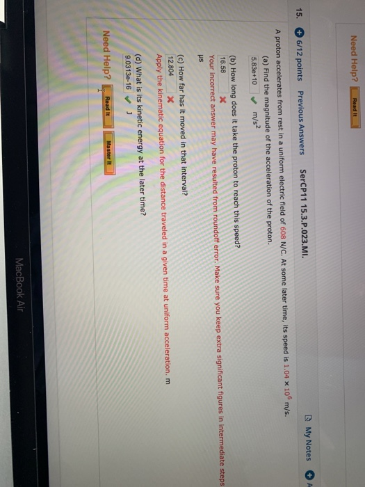 Need Help Read It My Notes Sercp11 15 3 P 023 Mi 15 6 12 Points Previous Answers A Proton Accelerates From Rest In A 1