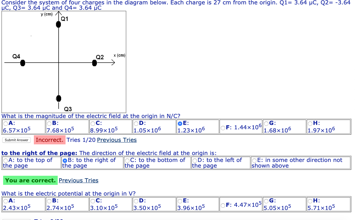 Consider The System Of Four Charges In The Diagram Below Each Charge Is 27 Cm From The Origin Q1 3 64 Uc Q2 3 64 U 1