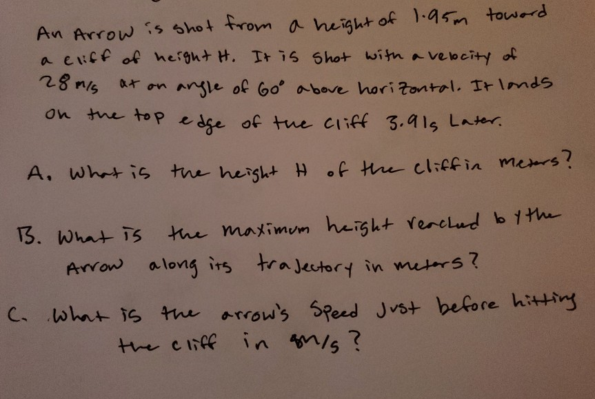 An Arrow Is Shot From A Height Of 1 95m Toward A Cliff Of Height H It Is Shot With A Velocity Of 28 Min At On Angle Of 1