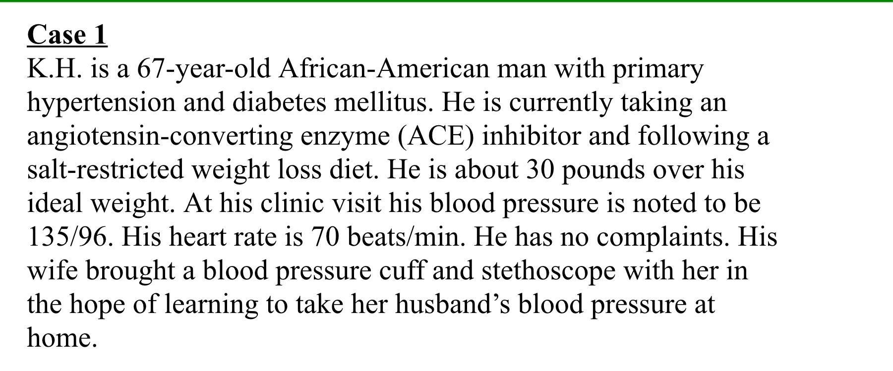Case 1 K H Is A 67 Year Old African American Man With Primary Hypertension And Diabetes Mellitus He Is Currently Takin 1