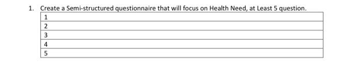 1 Create A Semi Structured Questionnaire That Will Focus On Health Need At Least 5 Question 1 2 3 4 5 1