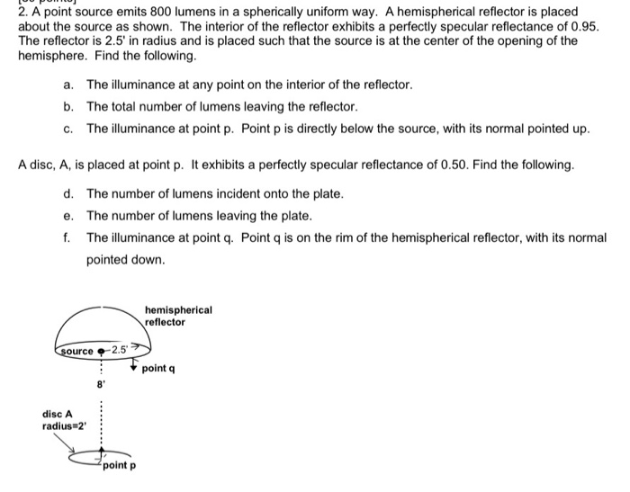 2 A Point Source Emits 800 Lumens In A Spherically Uniform Way A Hemispherical Reflector Is Placed About The Source As 1
