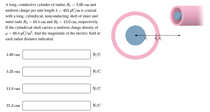 A Long Conductive Cylinder Of Radius R1 3 00 Cm And Uniform Charge Per Unit Length 453 Pc M Is Coaxial With A Long 1