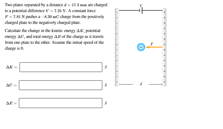 Two Plates Separated By A Distance D 17 3 Mm Are Charged To A Potential Difference V 7 25 V A Constant Force F 7 8 1