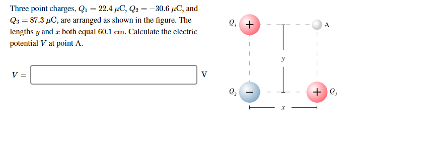 Three Point Charges Q1 22 4 Uc Q2 30 6 4c And Q3 87 3 C Are Arranged As Shown In The Figure The Lengths Y 1
