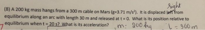 Right 8 A 200 Kg Mass Hangs From A 300 M Cable On Mars G 3 71 M S It Is Displaced Left From Equilibrium Along An Ar 1