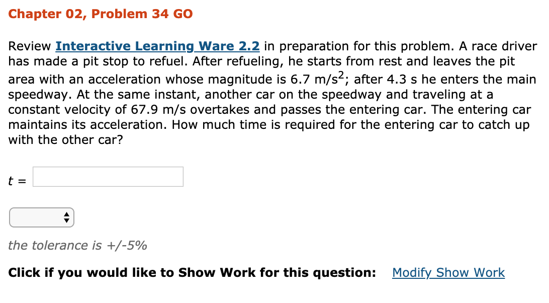 Chapter 02 Problem 34 Go Review Interactive Learning Ware 2 2 In Preparation For This Problem A Race Driver Has Made A 1