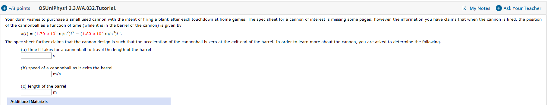 13 Points Osuniphys1 3 3 Wa 032 Tutorial My Notes Ask Your Teacher Your Dorm Wishes To Purchase A Small Used Cannon 1
