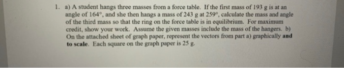 1 A A Student Hangs Three Masses From A Force Table If The First Mass Of 193 G Is At An Angle Of 164 And She Then Ha 1