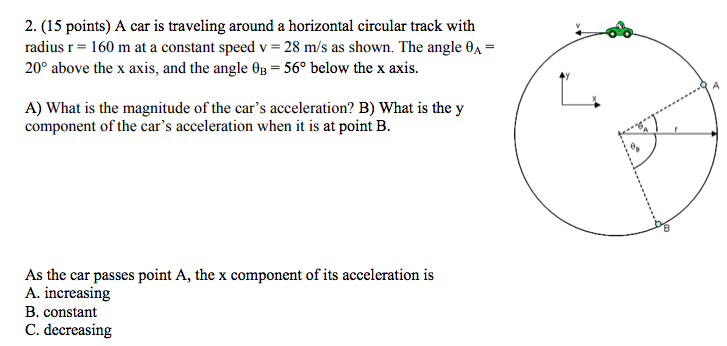 2 15 Points A Car Is Traveling Around A Horizontal Circular Track With Radius R 160 M At A Constant Speed V 28 M 1
