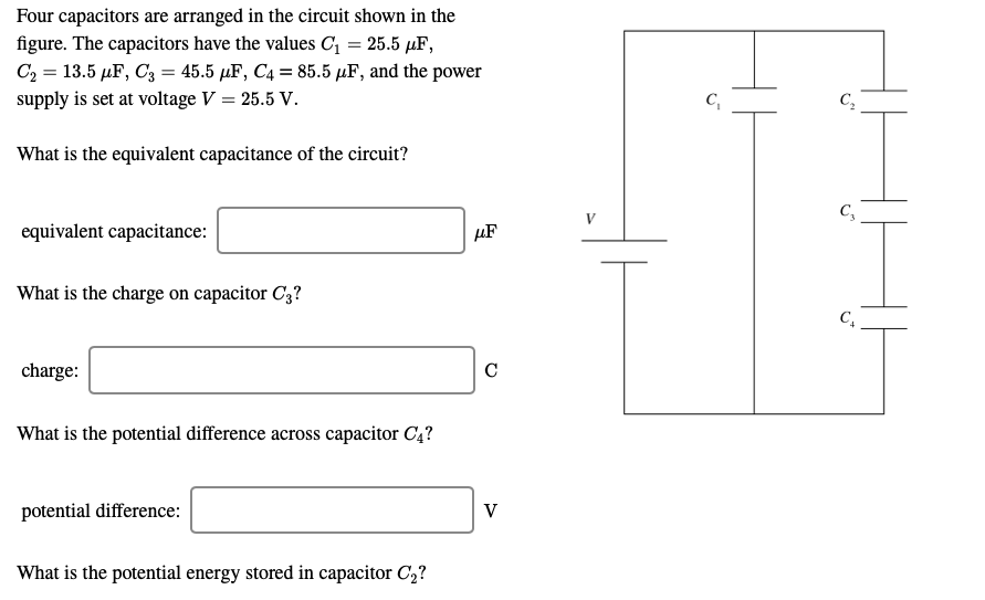 Four Capacitors Are Arranged In The Circuit Shown In The Figure The Capacitors Have The Values C1 25 5 Uf C2 13 5 1