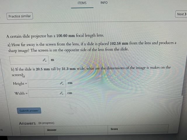 Items Info Next Practice Similar A Certain Slide Projector Has A 100 60 Mm Focal Length Lens A How Far Away Is The S 1