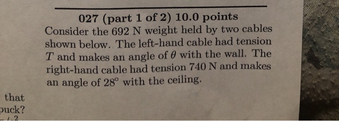 027 Part 1 Of 2 10 0 Points Consider The 692 N Weight Held By Two Cables Shown Below The Left Hand Cable Had Tension 1
