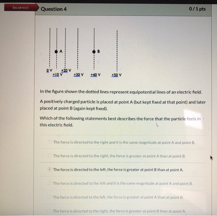 Incorrect Question 4 0 1 Pts 20 Ov 30 V 40 V 50 V In The Figure Shown The Dotted Lines Represent Equipotential Lines 1