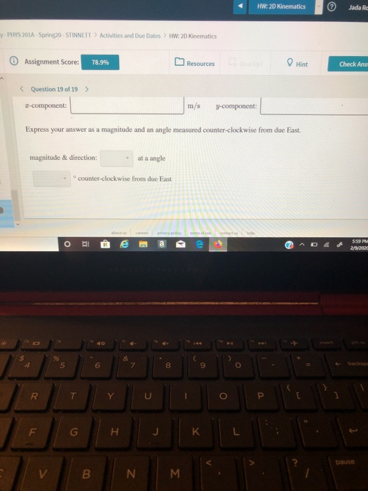Sono Stanettactivities And Due Date 20 Kinematics Assignment Score 78 9 Resources Hint Check Answer Question 19 Of 2