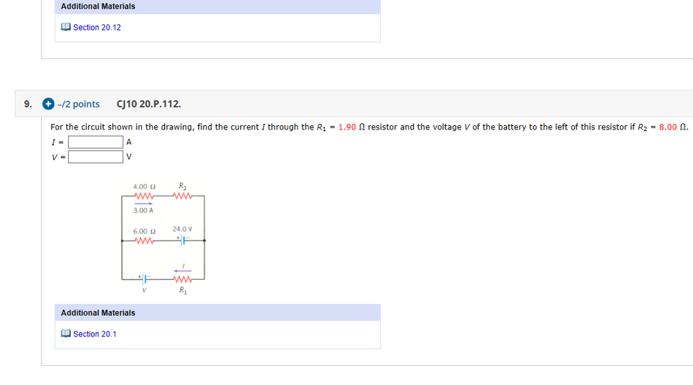 Additional Materials Section 20 12 9 2 Points Cj10 20 P 112 For The Circuit Shown In The Drawing Find The Current I 1