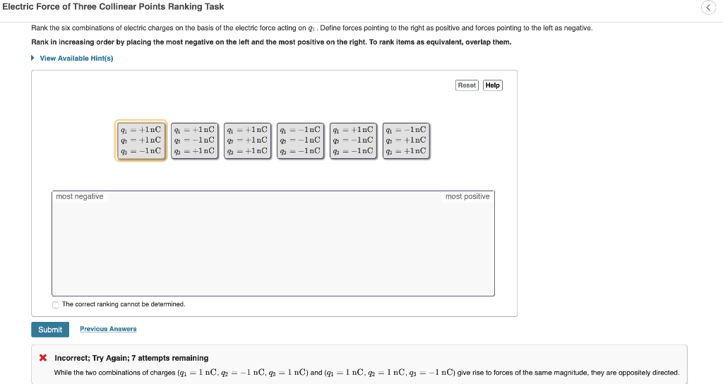 Electric Force Of Three Collinear Points Ranking Task Rank The Six Combinations Of Electric Charges On The Basis Of The 1