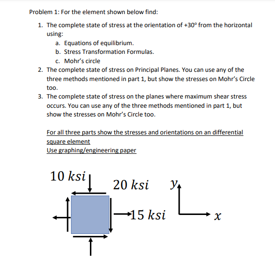 Problem 1 For The Element Shown Below Find 1 The Complete State Of Stress At The Orientation Of 30 From The Horizon 1