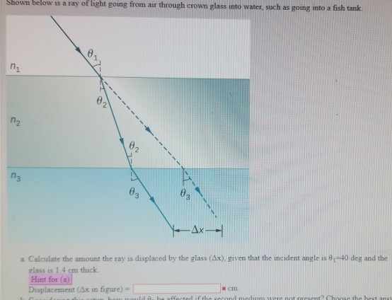 Shown Below Is A Ray Of Light Young From Aur Through Crown Glass Into Water Such As Going Into A Fish Tank Calculate 2