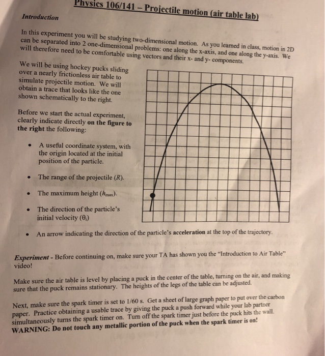 Physics 106 141 Projectile Motion Air Table Lab Introduction In This Experiment You Will Be Studying Two Dimensional 1