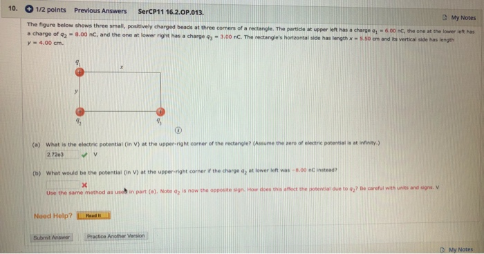 10 1 2 Points Previous Answers Sercp11 16 2 Op 013 My Notes The Figure Below Shows Three Small Positively Charged Bea 1