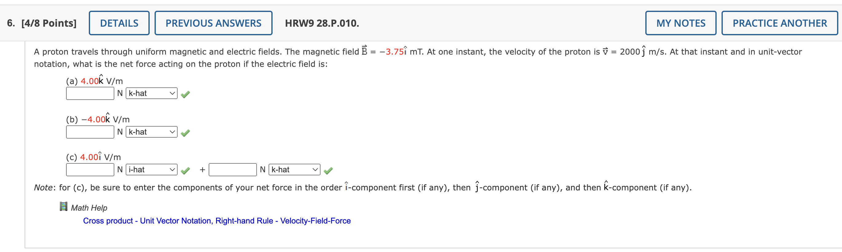 6 4 8 Points Details Previous Answers Hrw9 28 P 010 My Notes Practice Another A Proton Travels Through Uniform Mag 1